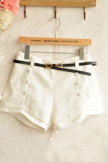 Oasap Double-breasted White Shorts With Contrast Colored Belt