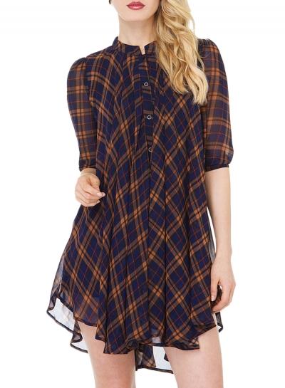 Oasap Women's Stand Collar Half Sleeve Plaid Chiffon Short Dress