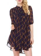 Oasap Women's Stand Collar Half Sleeve Plaid Chiffon Short Dress