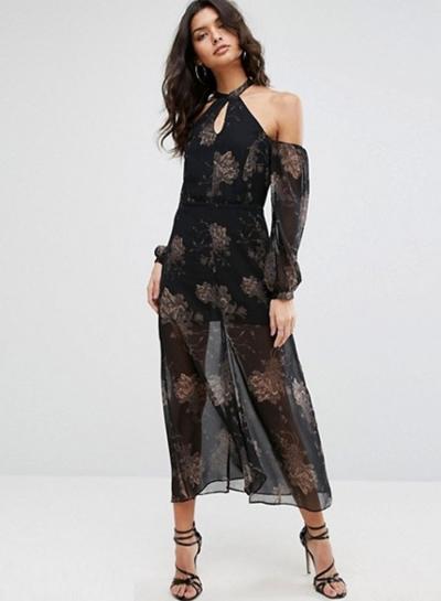 Oasap Vintage Off Shoulder Halter Flower Printing Dress