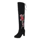 Oasap Round Toe Floral Embroidery Block Heels Over-the-knee Boots