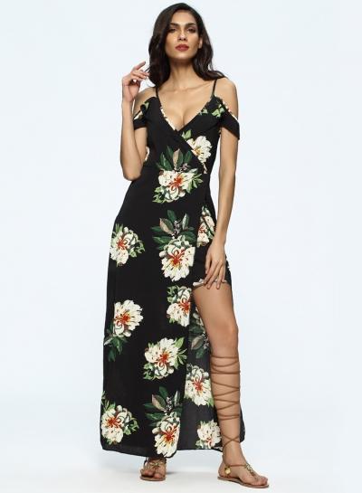 Oasap Floral V Neck Off Shoulder Floral Split Maxi Dress