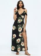 Oasap Floral V Neck Off Shoulder Floral Split Maxi Dress