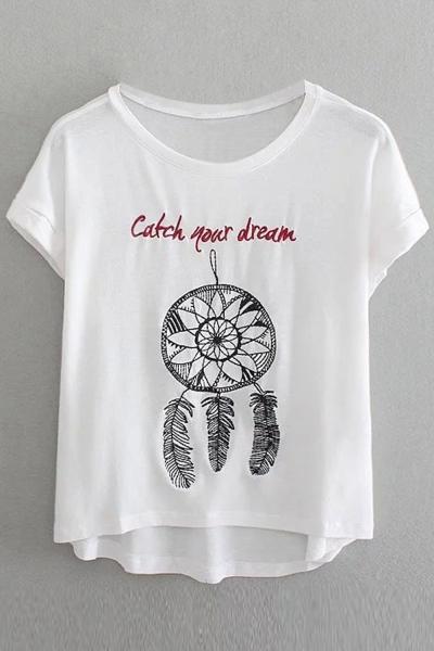 Oasap Fashion Embroidery High Low Loose Fit Tee