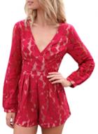 Oasap Women's Deep V Neck Long Sleeve Lace Club Romper