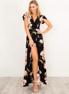 Oasap V Neck Short Sleeve Floral High Slit Maxi Dress