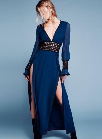Oasap V Neck Long Sleeve Backeless Split Maxi Prom Dress