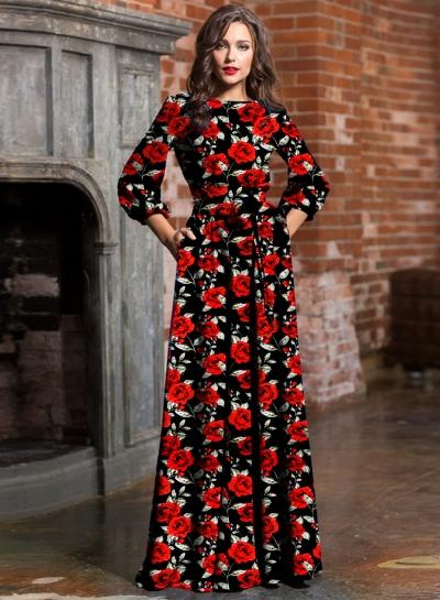 Oasap Elegant Round Neck 3/4 Sleeve Floral Print Maxi Dress