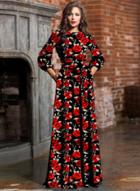 Oasap Elegant Round Neck 3/4 Sleeve Floral Print Maxi Dress