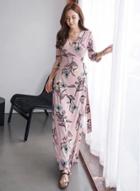 Oasap Deep V Neck Floral Printed 3/4 Sleeve Maxi Bohemian Dress