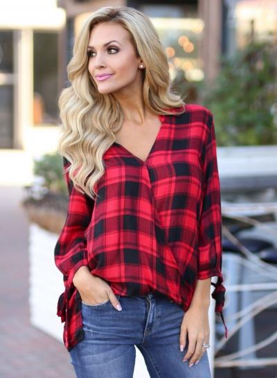 Oasap V Neck Long Sleeve Plaid Loose High Low Blouse