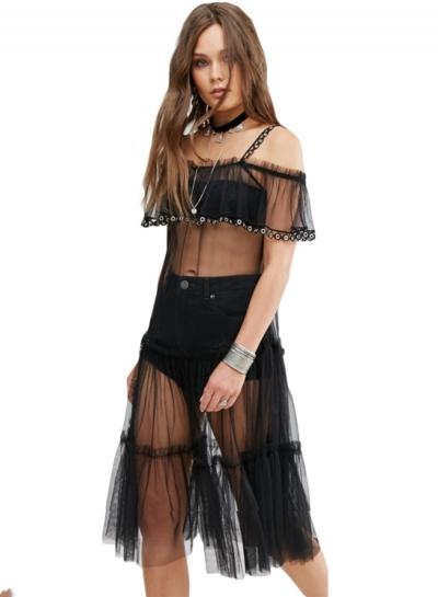 Oasap Fashion Spaghetti Strap Ruffle Sheer Mesh Mdi Dress