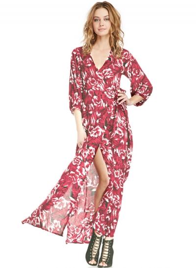 Oasap Boho V Neck 3/4 Sleeve Floral Maxi Slit Dress