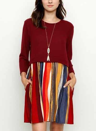 Oasap Round Neck Long Sleeve Striped Splicing Dress