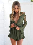 Oasap Solid V Neck Long Sleeve Ruffle Lace Romper