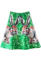 Oasap Adorable Rabbit Print Midi Green Skirt