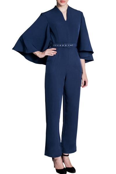 Oasap Women Vintage V Neck Cape Style Wide-legs Jumpsuit