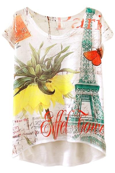 Oasap Floral Print High Low Design Cap Sleeve Knit Tee