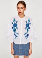 Oasap Floral Embroidery Long Sleeve Button Down Shirt
