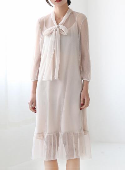 Oasap Lace-up Sheer Mesh Midi Dress