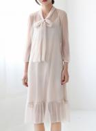 Oasap Lace-up Sheer Mesh Midi Dress