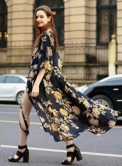 Oasap Elegant V Neck Half Sleeve Floral Irregular Dress