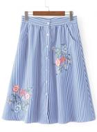 Oasap High Waist Striped Embroidery Midi Skirt