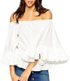 Oasap Women's Fashion White Slash Neck Off Shoulder Flare Sleeve Blouse