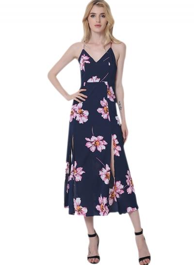 Oasap Women's Spaghetti Strap V Neck Criss Cross Floral Print Slit Dress