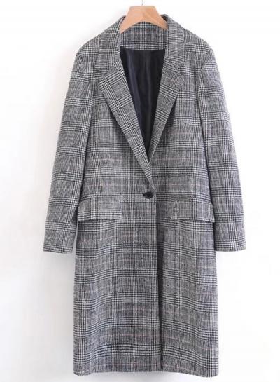 Oasap Turn Down Collar Long Sleeve Plaid Printed Coat
