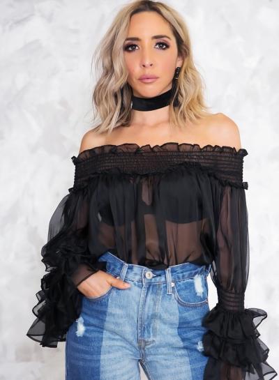 Oasap Hot Slash Neck Off Shoulder Flounce Sleeve Sheer Chiffon Blouse