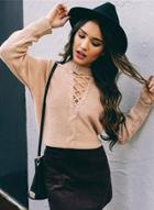 Oasap Lace Up Front Solid Color Sweater