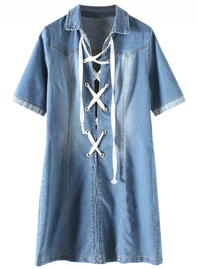 Oasap Women's Casual Lace-up Front Short Sleeve Denim Dress