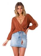 Oasap Cross V Neck Long Sleeve Solid Color Blouse With Tassel