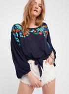 Oasap Floral Embroidery Knot Front Loose Blouse