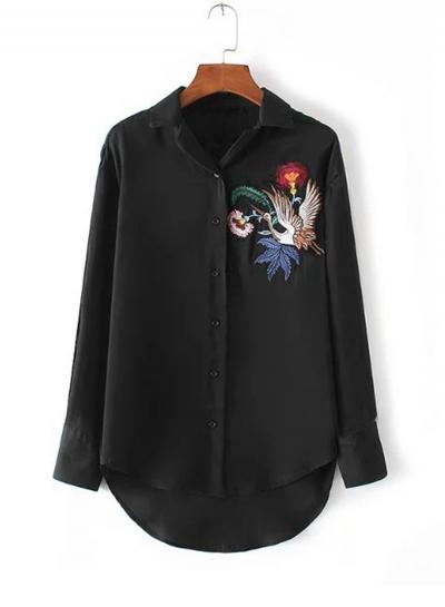 Oasap Fashion Embroidered High Low Button Down Shirt