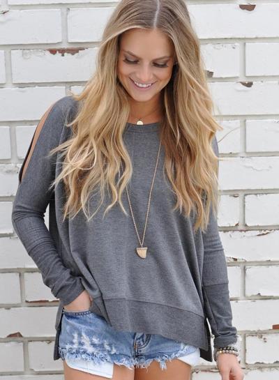 Oasap Off Shoulder Long Sleeve Slit Pullover Tee