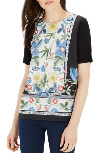 Oasap Women's Fashion Round Neck Short Sleeve Floral Print Paneled Tee