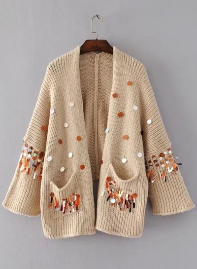 Oasap Open Front Long Sleeve Sequins Decoration Cardigans