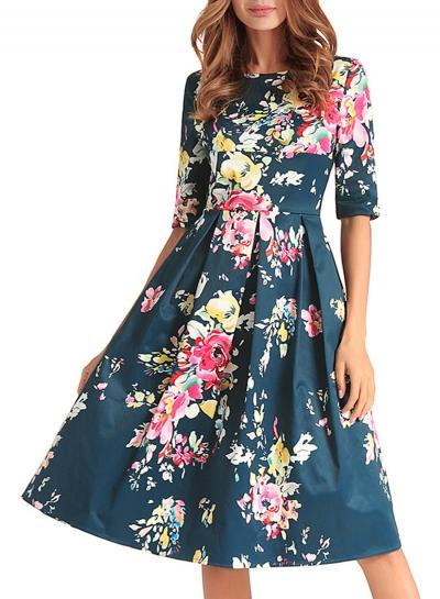 Oasap Fashion Slim Floral Printed Half Sleeve Round Neck Women A-line Dress