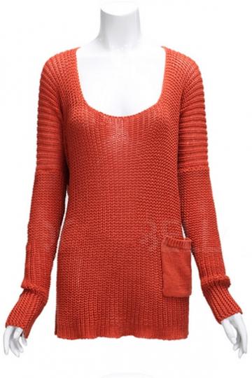 Oasap Orange Low Round Neckline Cotton Sweater
