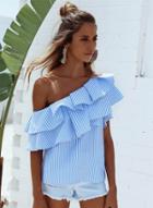 Oasap Stripe One Shoulder Ruffle Pullover Blouse