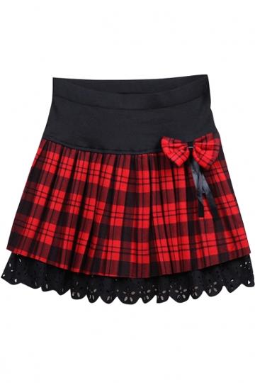 Oasap Preppy Style Tartan Plaid Bow Lace Hem Skirt