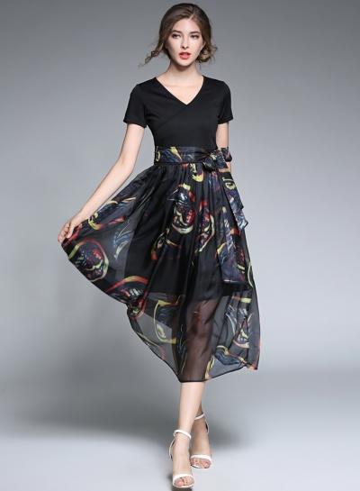 Oasap V Neck Casual Patchwork Floral Print Maxi Dress