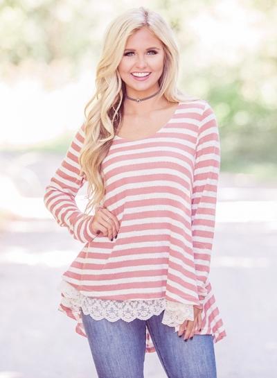 Oasap Round Neck Long Sleeve Lace Hem Striped Tee Shirt