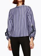 Oasap Color Block Bow Long Sleeve Hollow Out Striped Blouse