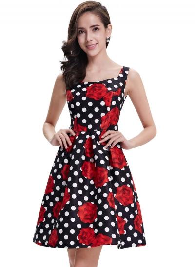 Oasap Women's Vintage Floral Polka Dot Print Square Neck Dress