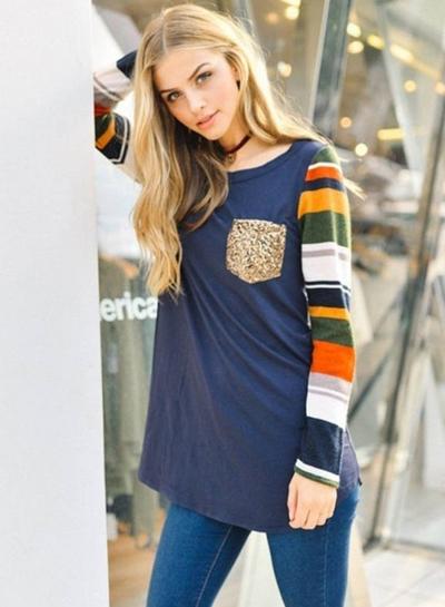 Oasap Long Sleeve Round Neck Splicing Tee Shirt