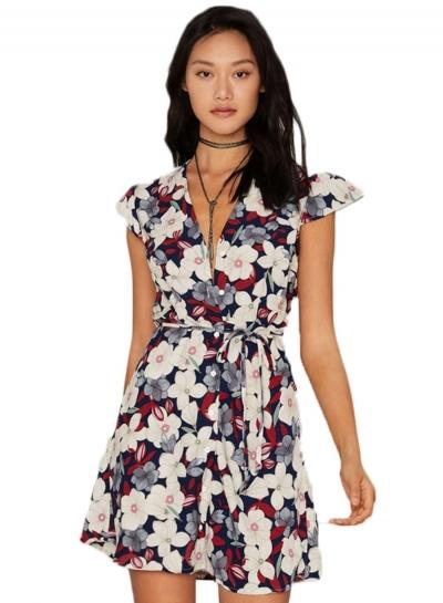Oasap Deep V Neck Floral Printed Tie Waist Dress