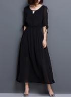 Oasap Round Neck Half Sleeve Hollow Out Maxi Dress